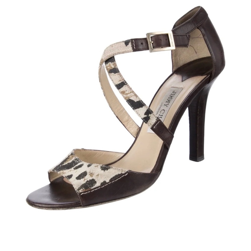 Jimmy Choo Dark Brown Leather & Animal Print Ankle-Strap Heel Sz 39.5